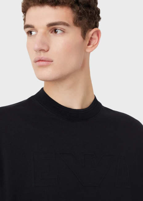 bărbați R802G1633 tricou din jerseu greu, cu ornamente supradimensionate cu logo în relief Armani albastru marin