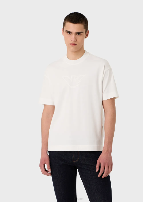 bărbați R802G1635 tricou din jerseu greu, cu ornamente supradimensionate cu logo în relief Armani alb