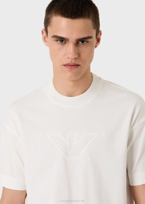bărbați R802G1635 tricou din jerseu greu, cu ornamente supradimensionate cu logo în relief Armani alb