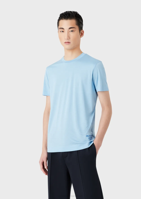 bărbați R802G1642 tricou din jerseu din amestec tencel cu logo 3d în relief Armani azur