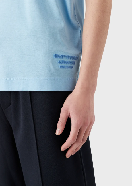 bărbați R802G1642 tricou din jerseu din amestec tencel cu logo 3d în relief Armani azur