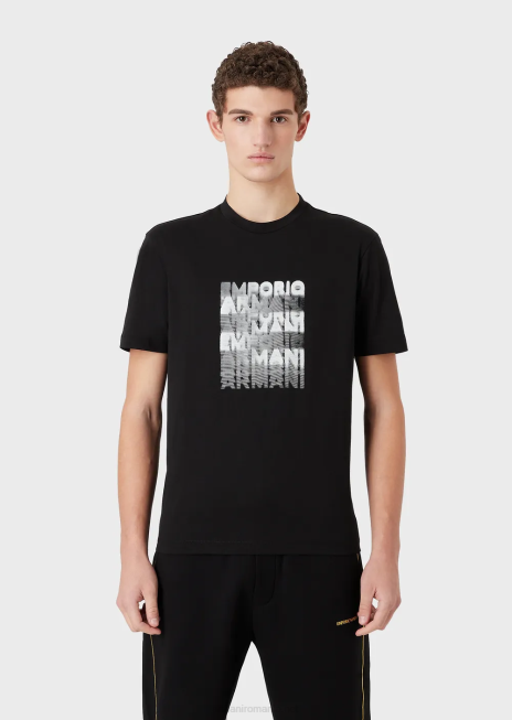 bărbați R802G1644 tricou din jerseu pima cu imprimeu cu logo-ul anilor 80 Armani negru