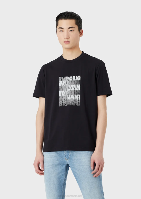 bărbați R802G1647 tricou din jerseu pima cu imprimeu cu logo-ul anilor 80 Armani albastru marin