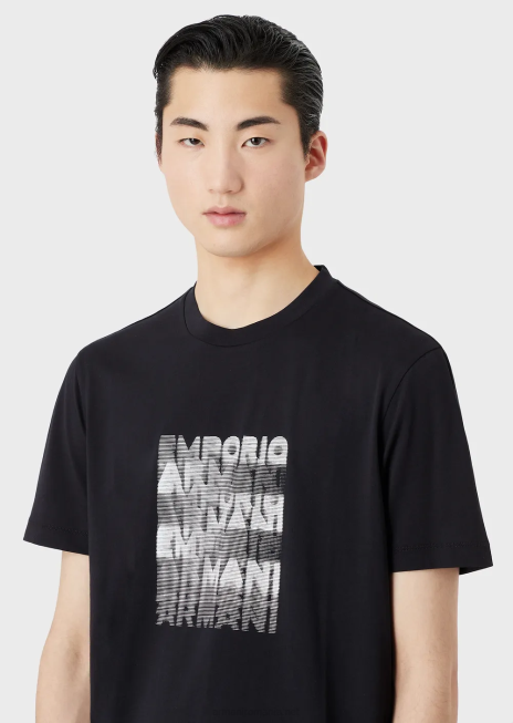 bărbați R802G1647 tricou din jerseu pima cu imprimeu cu logo-ul anilor 80 Armani albastru marin