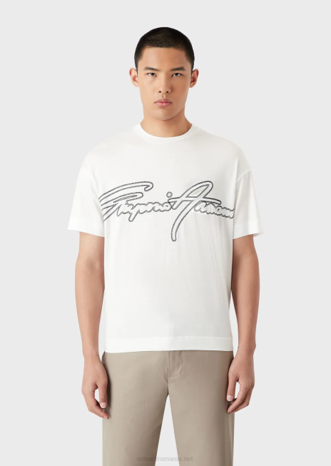 bărbați R802G1650 Tricou din jerseu din amestec tencel cu broderie cu logo-ul semnăturii Armani alb