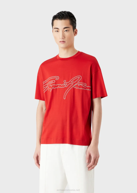 bărbați R802G1651 Tricou din jerseu din amestec tencel cu broderie cu logo-ul semnăturii Armani roșu