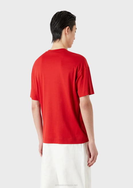 bărbați R802G1651 Tricou din jerseu din amestec tencel cu broderie cu logo-ul semnăturii Armani roșu