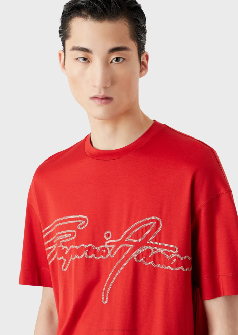 bărbați R802G1651 Tricou din jerseu din amestec tencel cu broderie cu logo-ul semnăturii Armani roșu