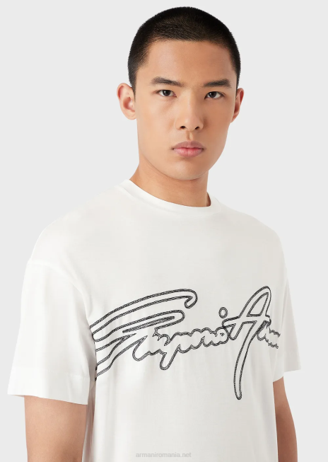 bărbați R802G1652 Tricou din jerseu din amestec tencel cu broderie cu logo-ul semnăturii Armani gri închis