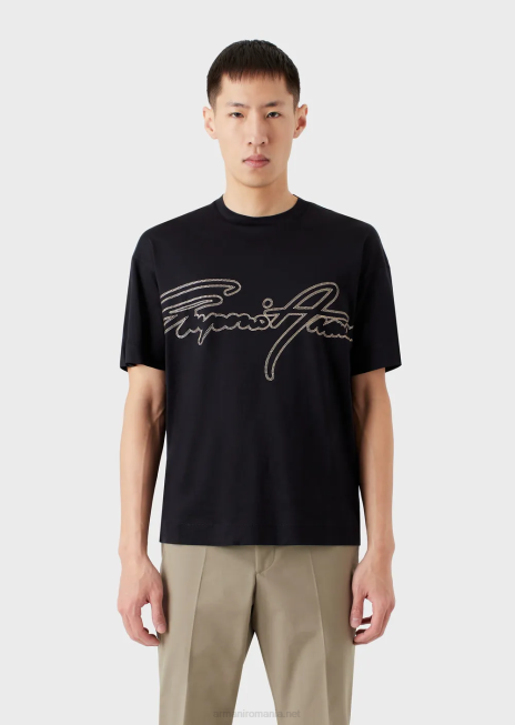 bărbați R802G1653 Tricou din jerseu din amestec tencel cu broderie cu logo-ul semnăturii Armani albastru marin