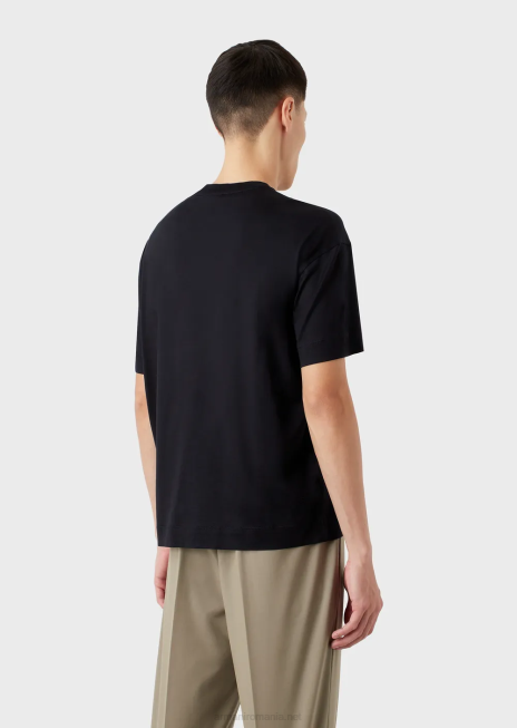 bărbați R802G1653 Tricou din jerseu din amestec tencel cu broderie cu logo-ul semnăturii Armani albastru marin