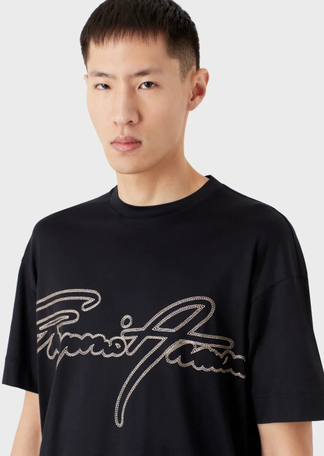 bărbați R802G1653 Tricou din jerseu din amestec tencel cu broderie cu logo-ul semnăturii Armani albastru marin