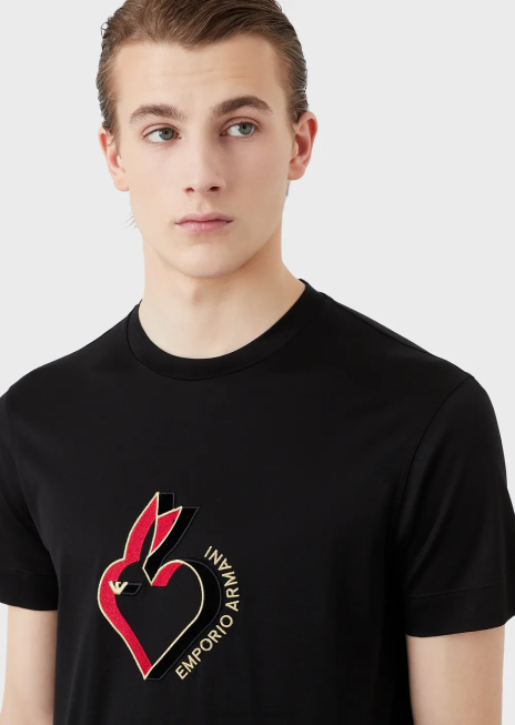 bărbați R802G1655 tricou din jerseu din amestec tencel cu broderie iepure Armani