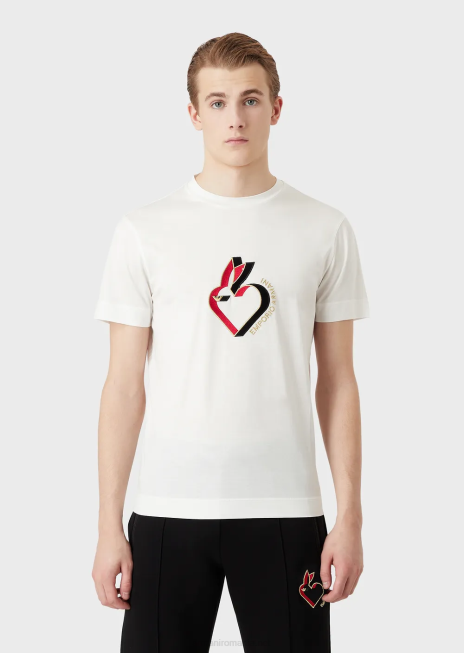 bărbați R802G1656 tricou din jerseu din amestec tencel cu broderie iepure Armani alb