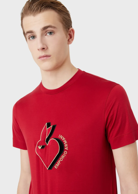 bărbați R802G1657 tricou din jerseu din amestec tencel cu broderie iepure Armani roșu