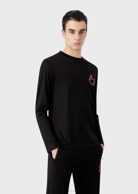 bărbați R802G1658 Pulover din jerseu din amestec tencel cu broderie iepure Armani negru