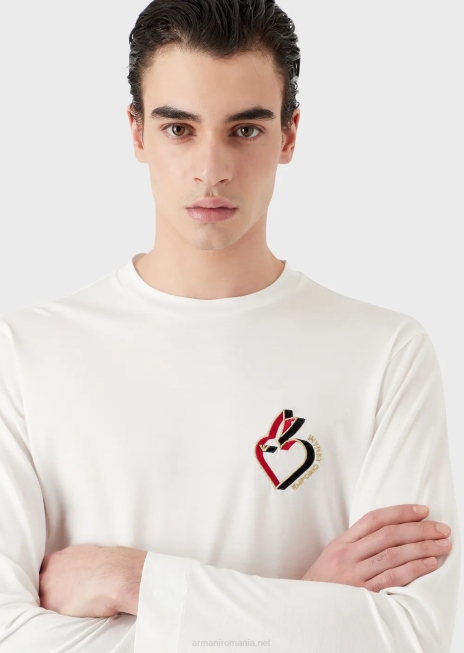 bărbați R802G1659 Pulover din jerseu din amestec tencel cu broderie iepure Armani alb