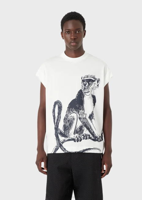 bărbați R802G1660 tricou lejer, dintr-un tricou din amestec tencel, cu imprimeu macac Armani alb