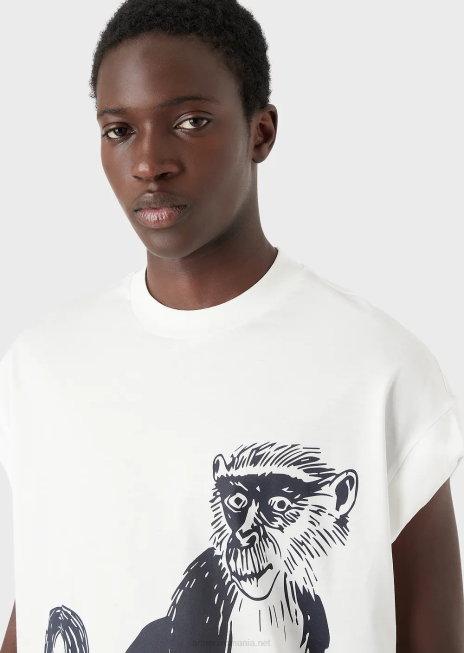 bărbați R802G1660 tricou lejer, dintr-un tricou din amestec tencel, cu imprimeu macac Armani alb