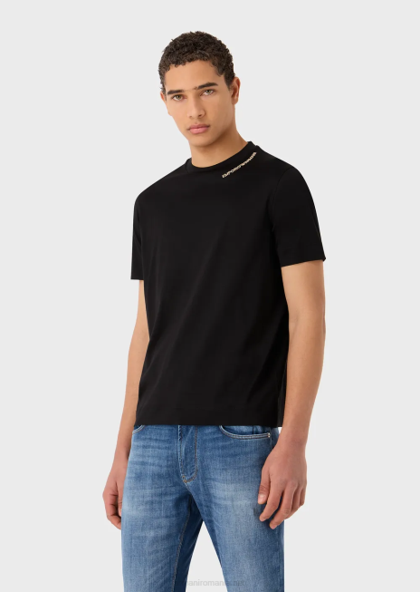 bărbați R802G1666 Tricou din jerseu din amestec tencel cu broderie logo pe decolteu Armani negru