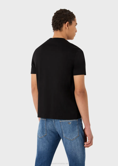 bărbați R802G1666 Tricou din jerseu din amestec tencel cu broderie logo pe decolteu Armani negru