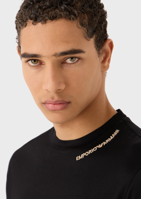 bărbați R802G1666 Tricou din jerseu din amestec tencel cu broderie logo pe decolteu Armani negru