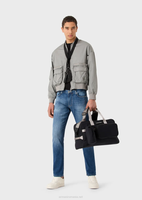 bărbați R802G1667 Tricou din jerseu din amestec tencel cu broderie logo pe decolteu Armani alb