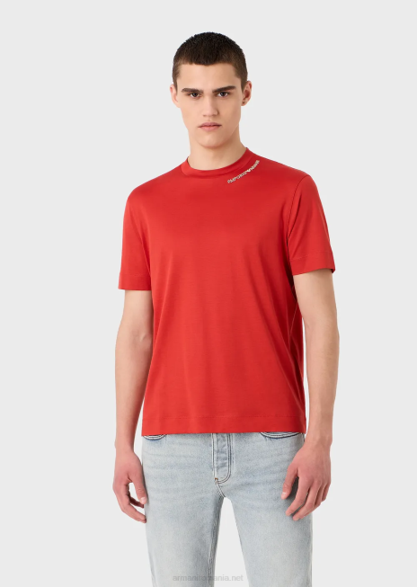 bărbați R802G1668 Tricou din jerseu din amestec tencel cu broderie logo pe decolteu Armani roșu