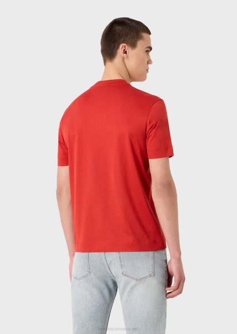 bărbați R802G1668 Tricou din jerseu din amestec tencel cu broderie logo pe decolteu Armani roșu