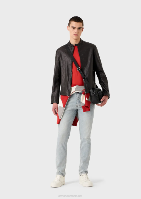 bărbați R802G1668 Tricou din jerseu din amestec tencel cu broderie logo pe decolteu Armani roșu