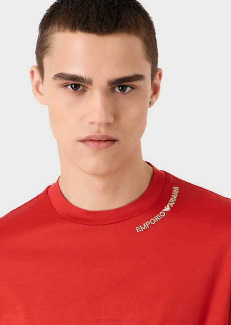 bărbați R802G1668 Tricou din jerseu din amestec tencel cu broderie logo pe decolteu Armani roșu