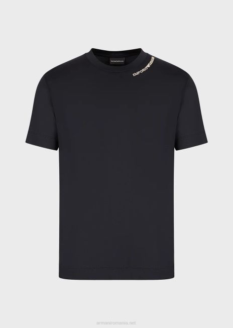 bărbați R802G1669 Tricou din jerseu din amestec tencel cu broderie logo pe decolteu Armani albastru marin