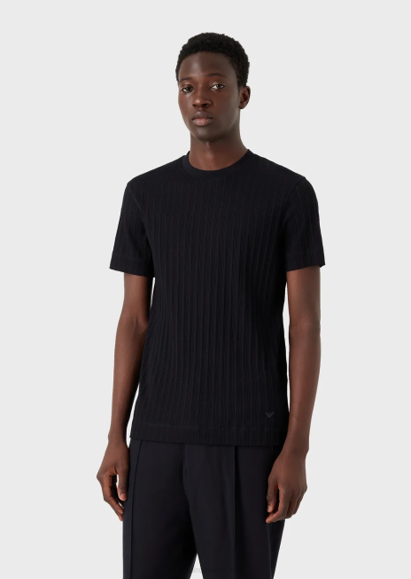 bărbați R802G1672 tricou din jerseu cu motiv jacquard cu nervuri Armani albastru marin