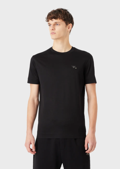 bărbați R802G1674 tricou din jerseu din amestec tencel cu plasture emoji Armani negru