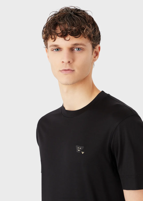 bărbați R802G1674 tricou din jerseu din amestec tencel cu plasture emoji Armani negru