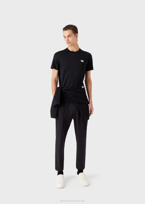 bărbați R802G1675 tricou din jerseu din amestec tencel cu plasture emoji Armani albastru marin