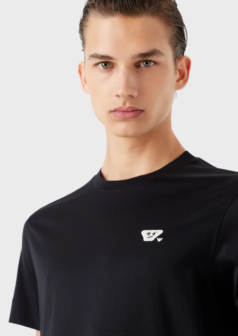 bărbați R802G1675 tricou din jerseu din amestec tencel cu plasture emoji Armani albastru marin