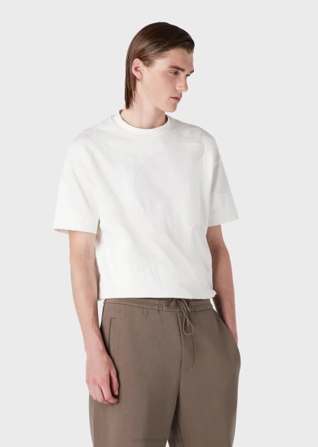 bărbați R802G1676 Tricou din jerseu greu cu broderie de camuflaj supradimensionată asortată de culori Armani alb