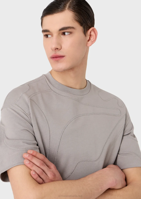 bărbați R802G1677 Tricou din jerseu greu cu broderie de camuflaj supradimensionată asortată de culori Armani gri