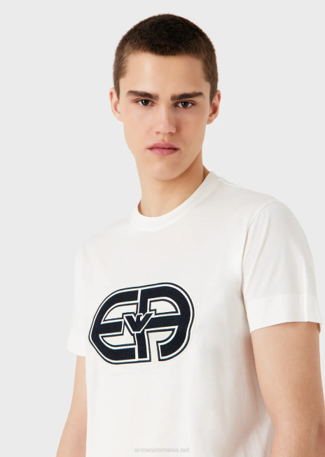 bărbați R802G1679 tricou din jerseu din amestec tencel, cu plasture supradimensionate Armani alb ca laptele