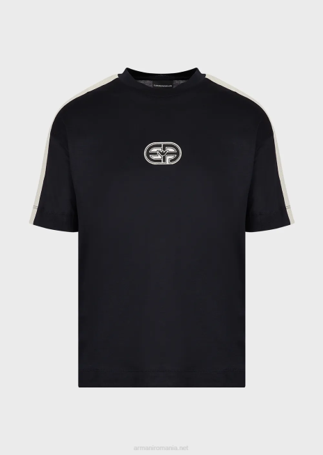 bărbați R802G1688 tricou din jerseu din amestec tencel, cu petice și dungi Armani albastru marin