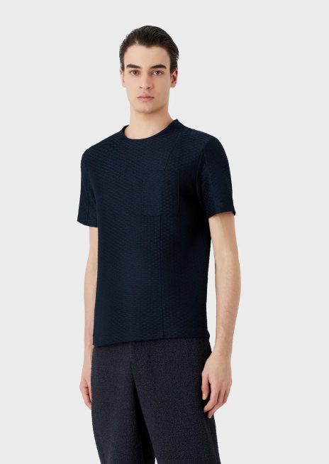bărbați R802G1689 pulover cu mânecă scurtă din jerseu jacquard în relief Armani albastru marin
