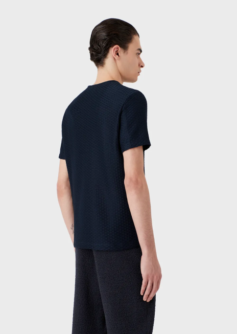 bărbați R802G1689 pulover cu mânecă scurtă din jerseu jacquard în relief Armani albastru marin