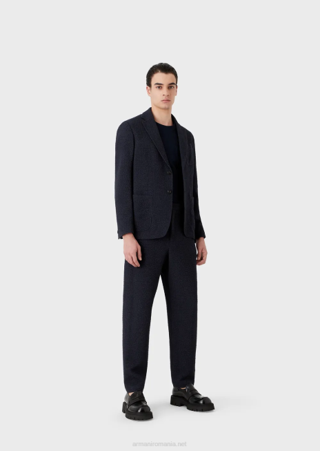 bărbați R802G1689 pulover cu mânecă scurtă din jerseu jacquard în relief Armani albastru marin