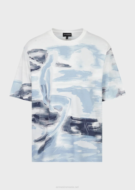 bărbați R802G1697 tricou interlock din bumbac cu imprimeu acuarelă siren și logo brodat Armani model