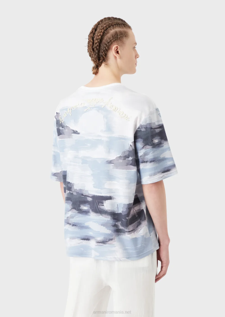 bărbați R802G1697 tricou interlock din bumbac cu imprimeu acuarelă siren și logo brodat Armani model