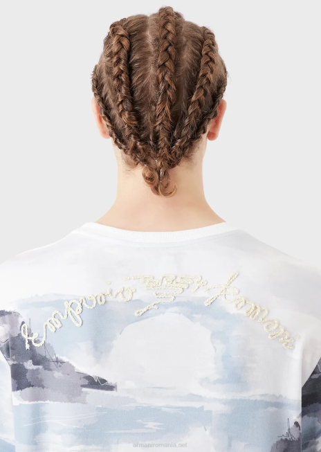 bărbați R802G1697 tricou interlock din bumbac cu imprimeu acuarelă siren și logo brodat Armani model