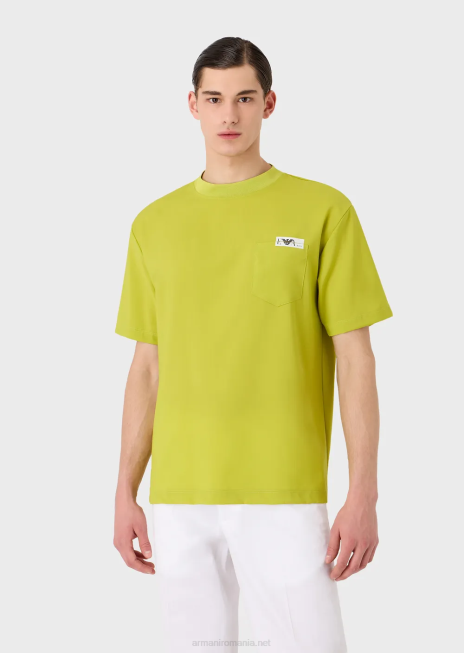 bărbați R802G1698 tricou cămașă din pânză ultra-uşoară de lână virgină Armani verde lime