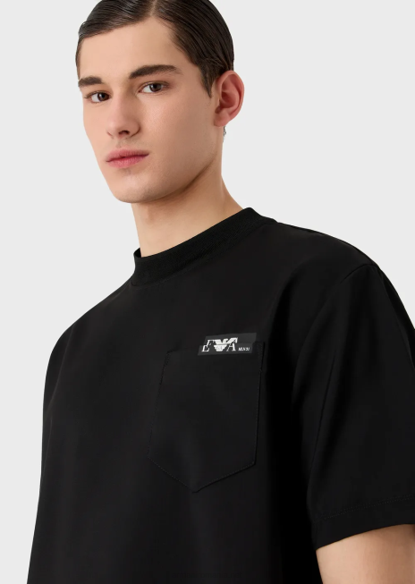 bărbați R802G1699 tricou cămașă din pânză ultra-uşoară de lână virgină Armani negru