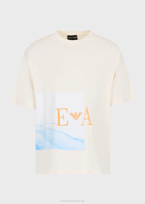 bărbați R802G1700 tricou din jerseu greu cu imprimeu de plajă și broderie ea Armani alb